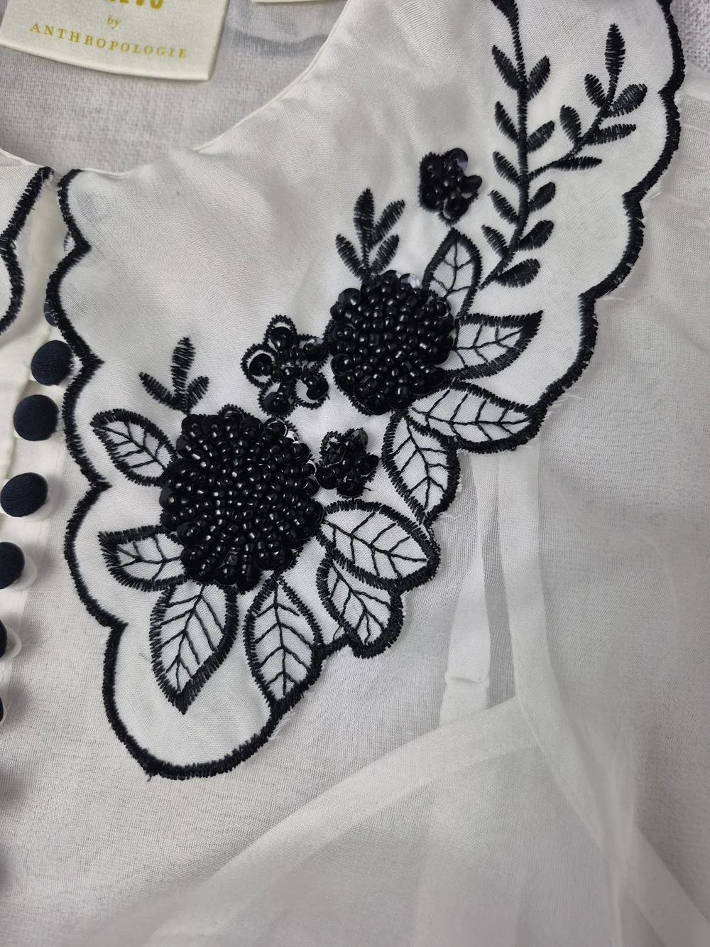 Anthropologie Maeve White Sheer Beaded Embroidered Statement Collar Blouse